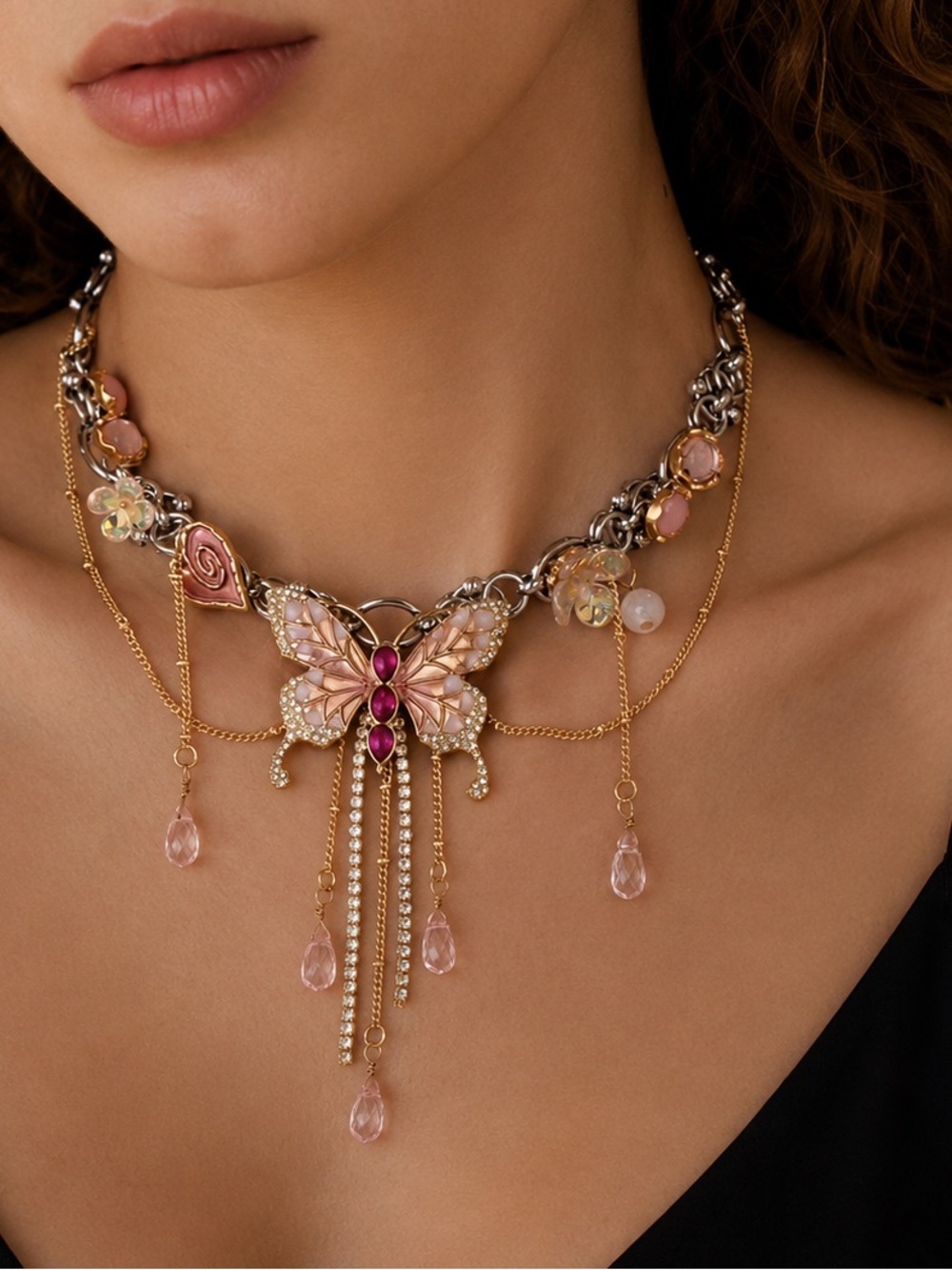 Pink Charm Necklace Statement Jewelry